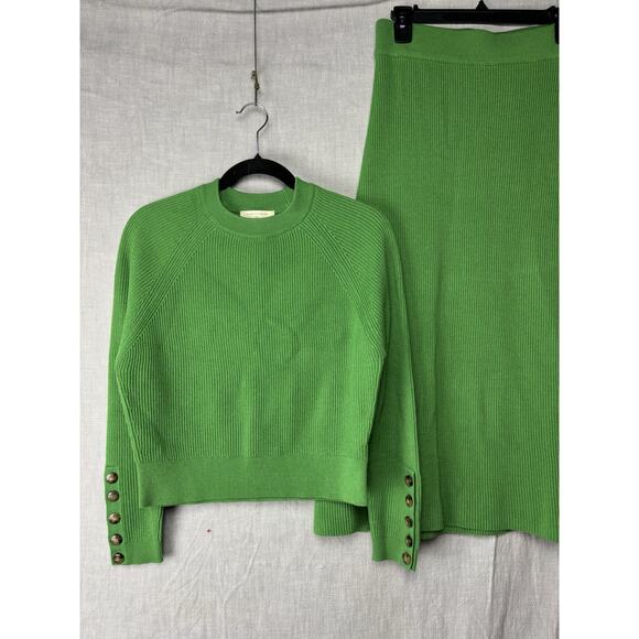 La Maille Sezane Womens Ribbed Wool Blend Sweater Top Skirt Set Green S/M - Picture 1 of 9